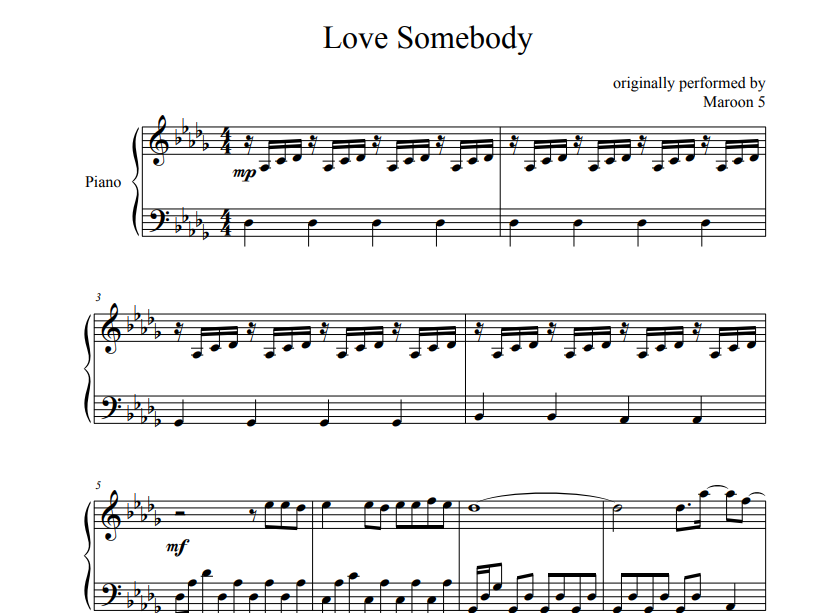 Maroom 5 - Love Somebody sheet music for piano solo